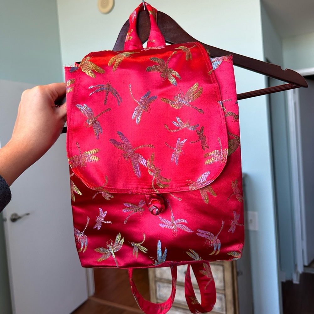 Vintage Y2K red jacquard satin dragonfly backpack bag